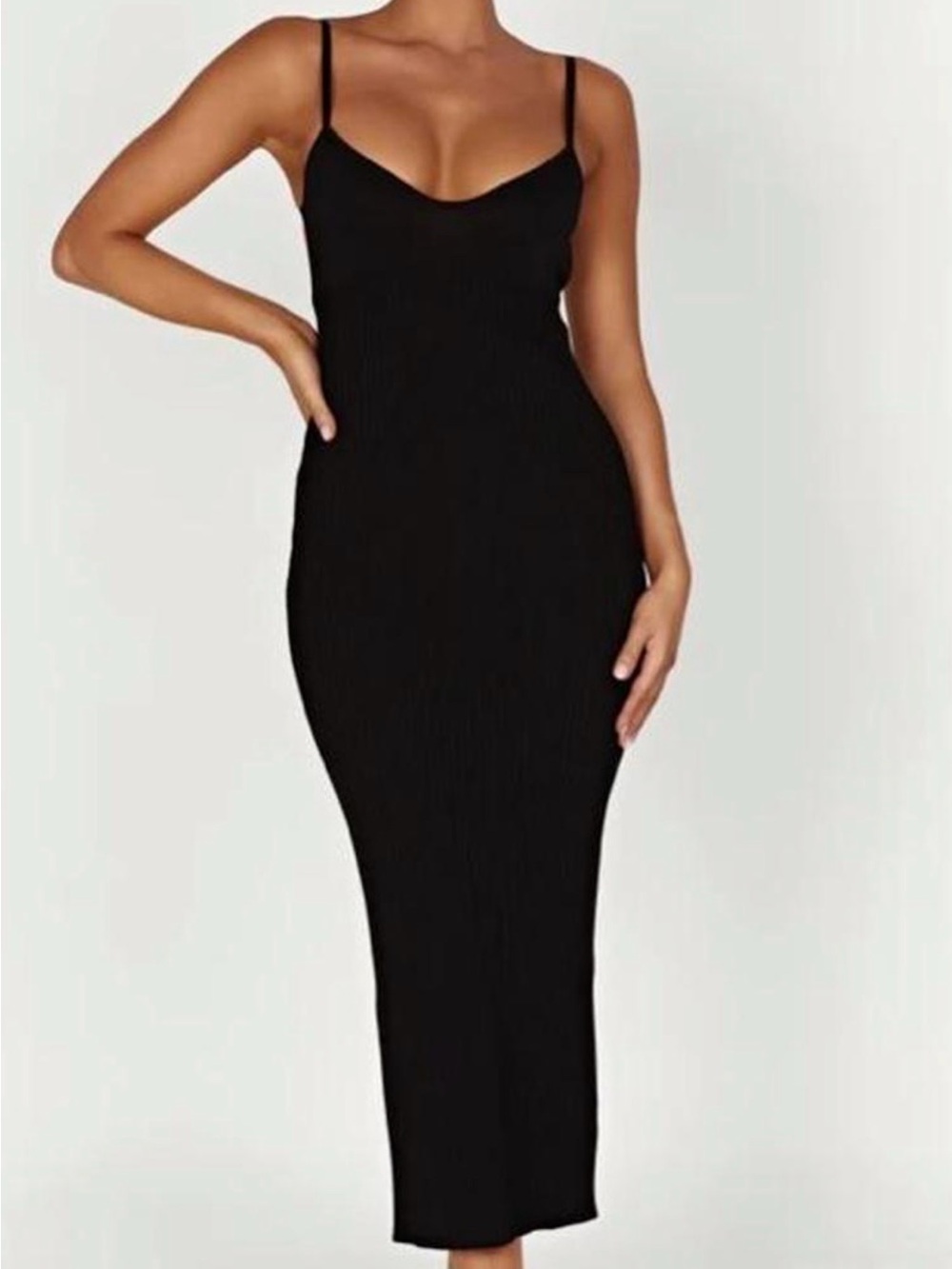 MESHKI Avalon Black Ribbed Spaghetti Strap Midi Dress Open Back Size S